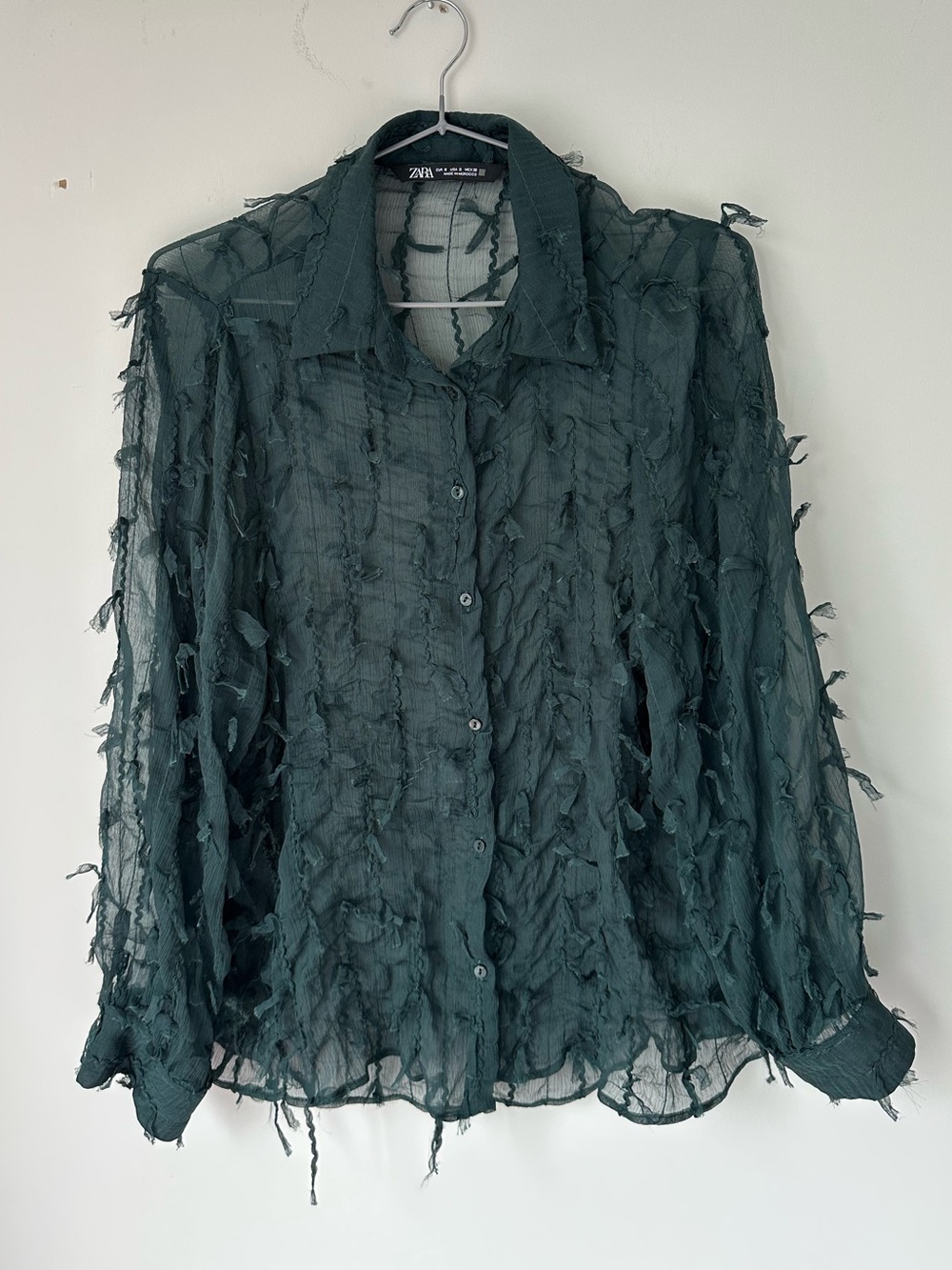 Zara Green Sheer Textured Button-Up Blouse